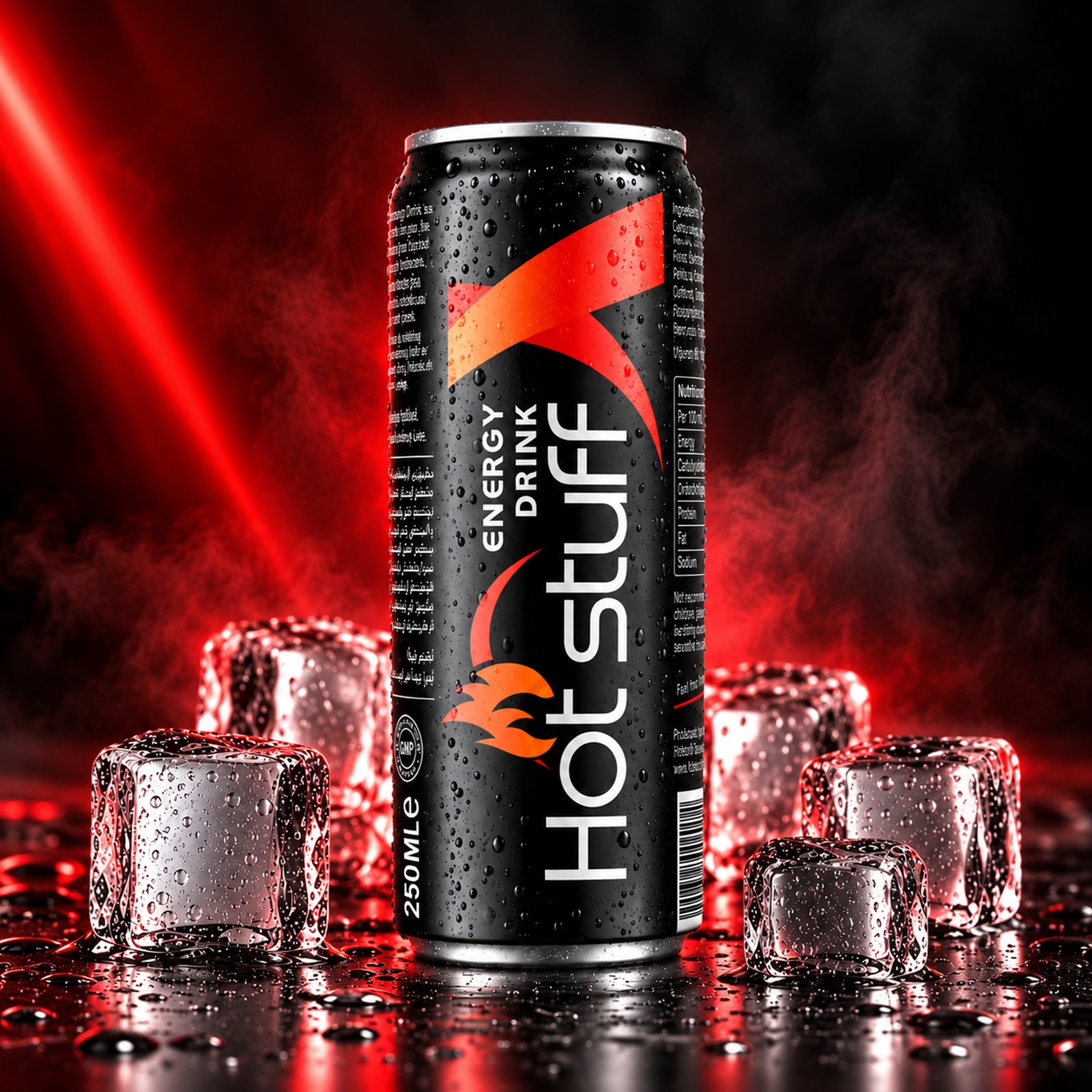 Hot Stuff energy drink can with black and red branding, ice cubes, water droplets and smoky red background.